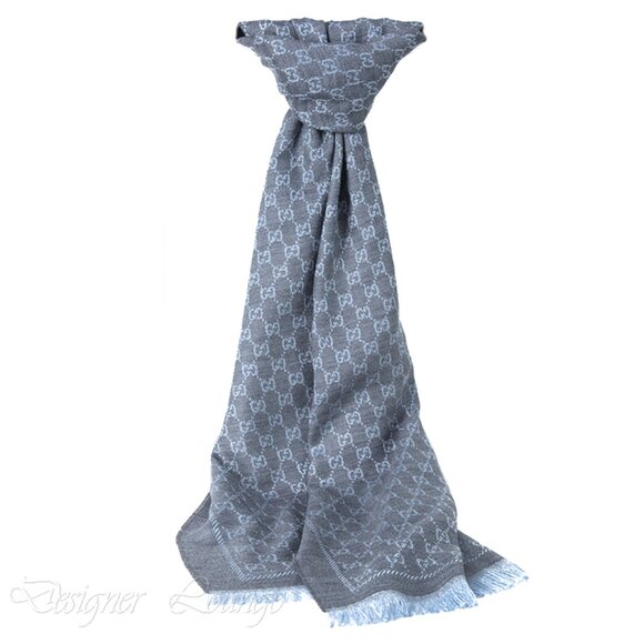 NEW GUCCI Grey Blue Wool GG Monogram Reversible Stencil Scarf $520 Authentic - Picture 2 of 12